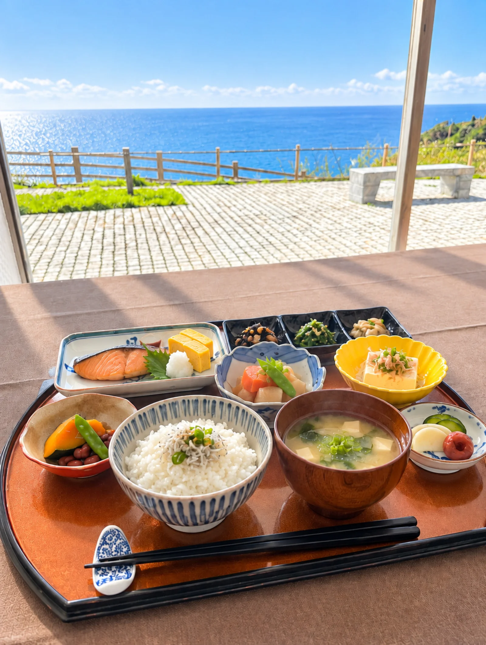 海を望む場所での朝食の一例