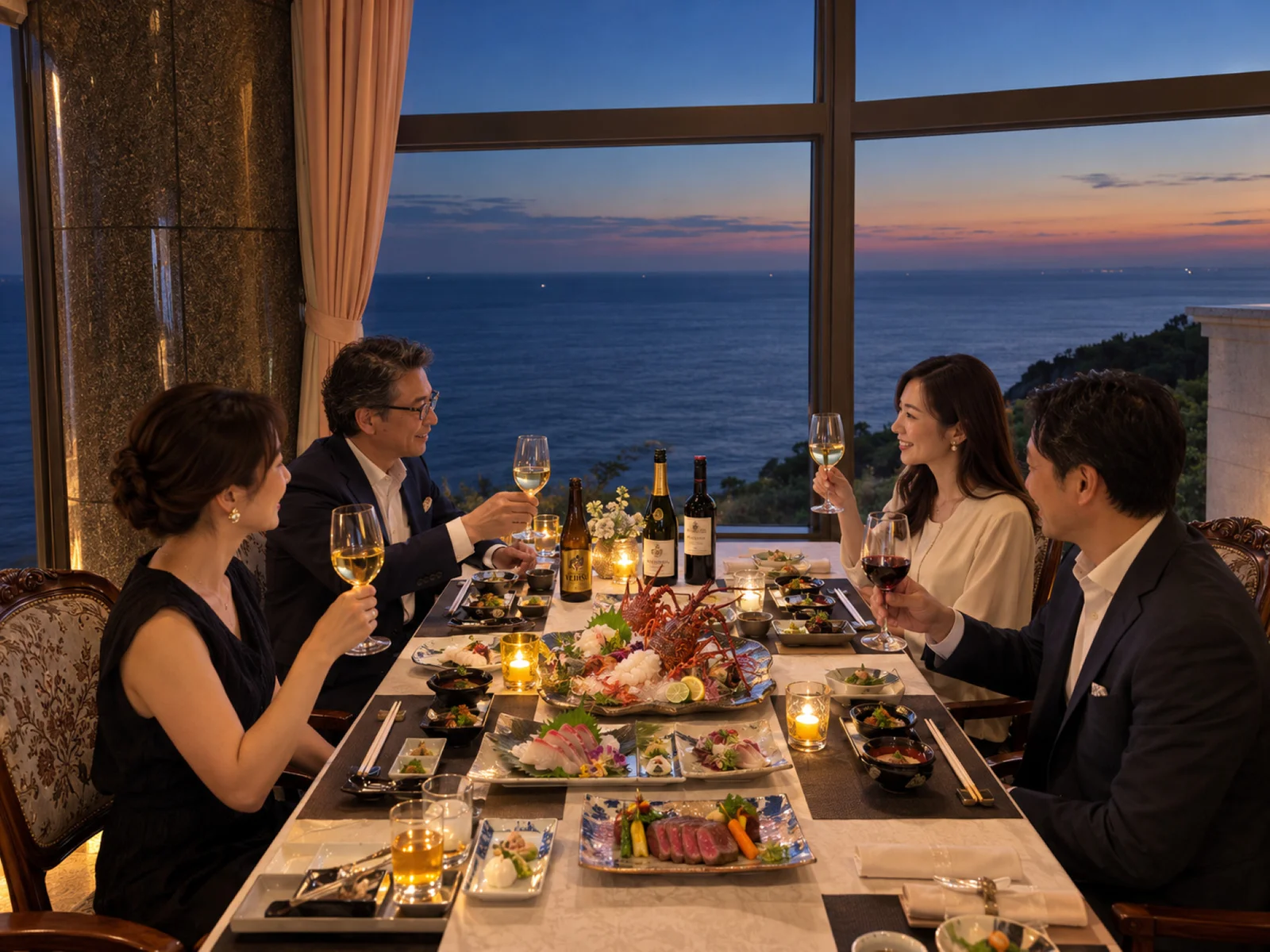 A dining table overlooking the evening view