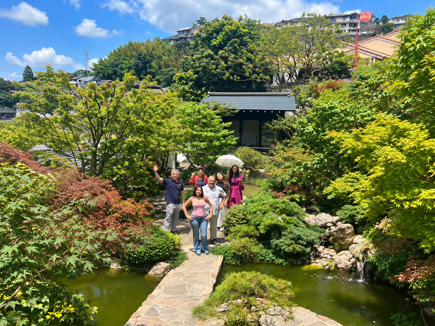 Walking through a Japanese garden surrounded by greenery